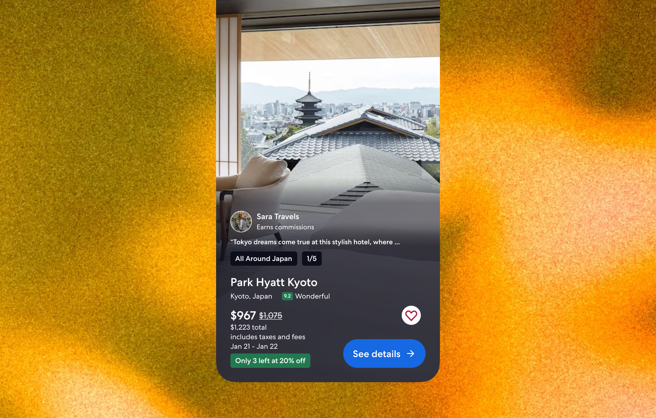 Commerce overlay showing hotel name, location, rating, and price